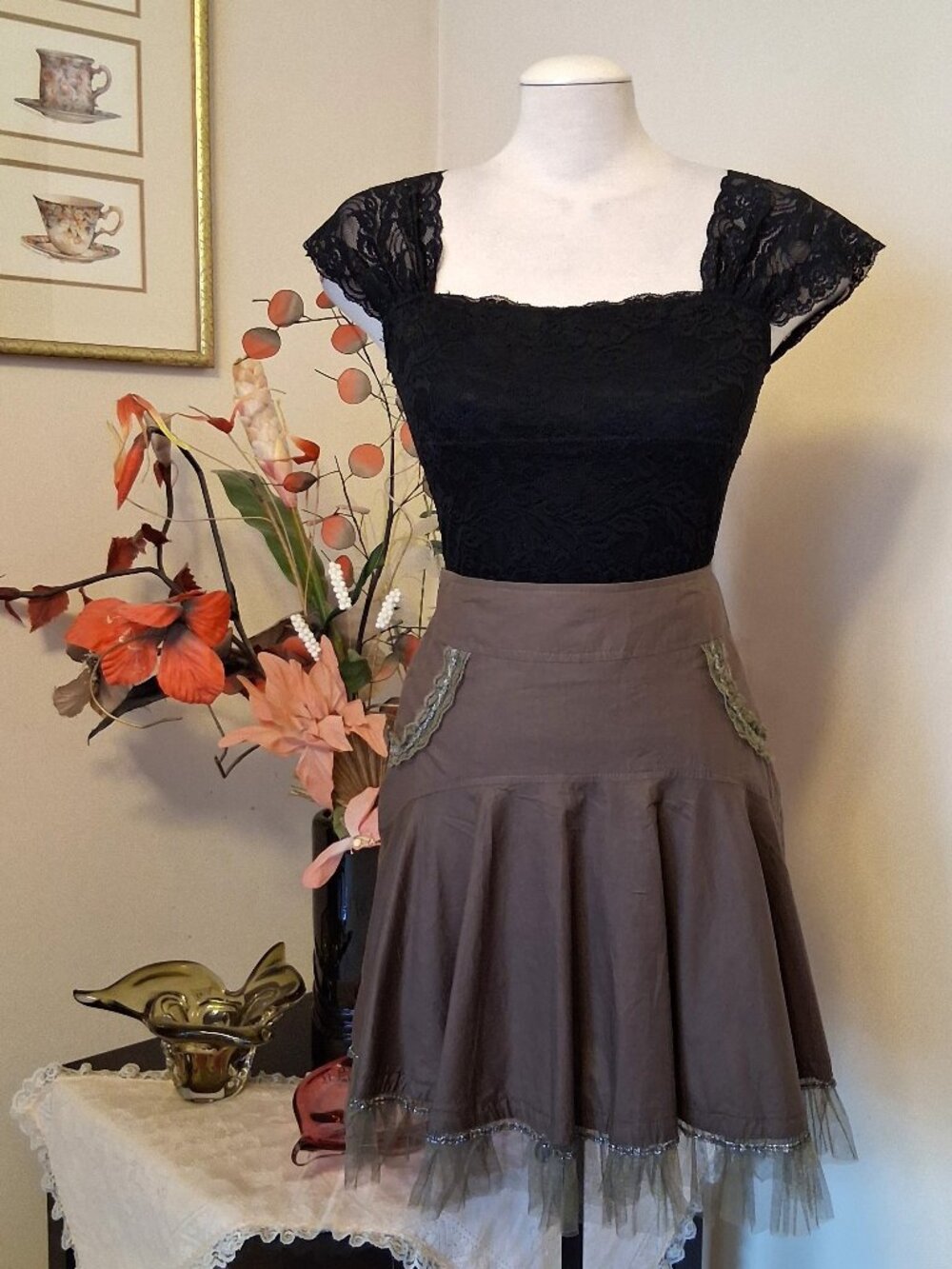 Ruffle Lined Mini Skirt A-Line Flared Knee Length Quality Olive Green Skirts 8